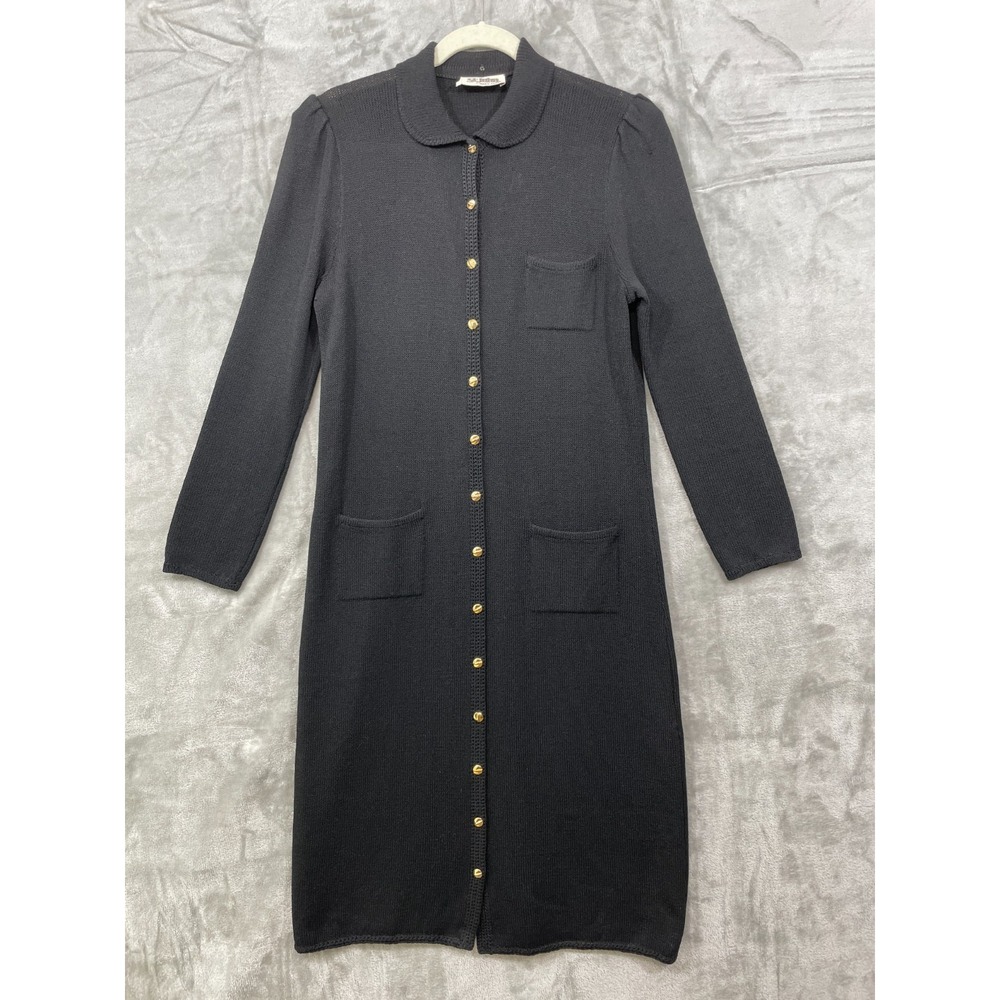 St. John Marie Gray Santana Long Cardigan Black Sweater Coat Gold Buttons Sz 8?